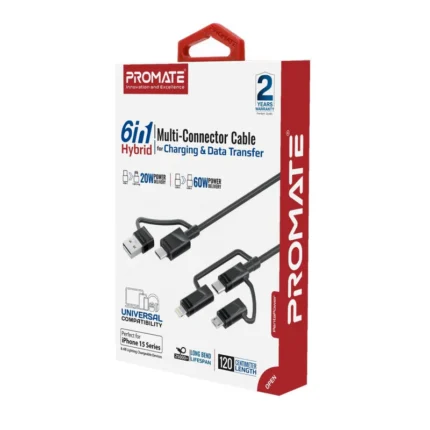 Promate 6 in 1 Hybrid Multi-Connector Cable for Charging & Data Transfer