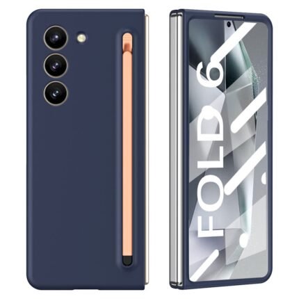 Samsung Galaxy Z Fold 6 5G Flip Case with Pink Stylus / Tempered Glass Film - Dark Blue