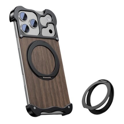 iPhone 17 Pro Magnetic Rotating Kickstand Metal + Solid Wood Magsafe Phone Cover - Black