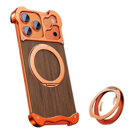iPhone 17 Pro Max Magnetic Rotating Kickstand Metal + Solid Wood Magsafe Phone Cover - Orange