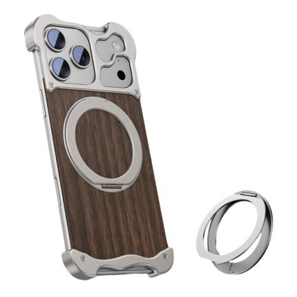 iPhone 17 Pro Max Magnetic Rotating Kickstand Metal + Solid Wood Magsafe Phone Cover - Silver